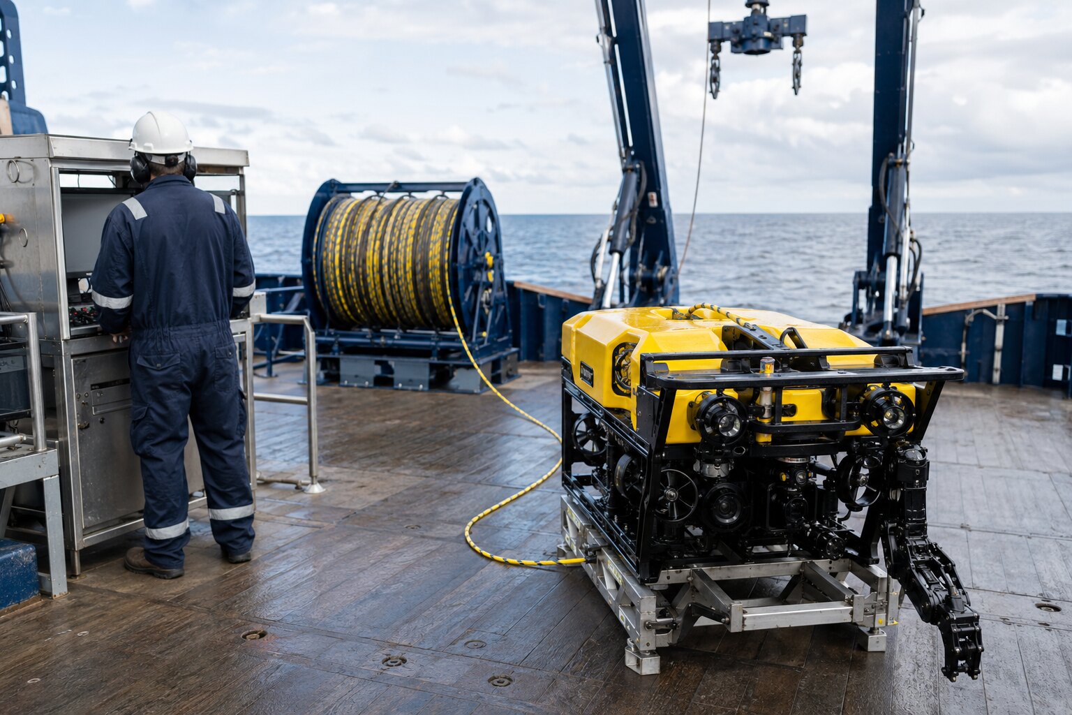ROV, tether management system and offshore control station on a vessel deck